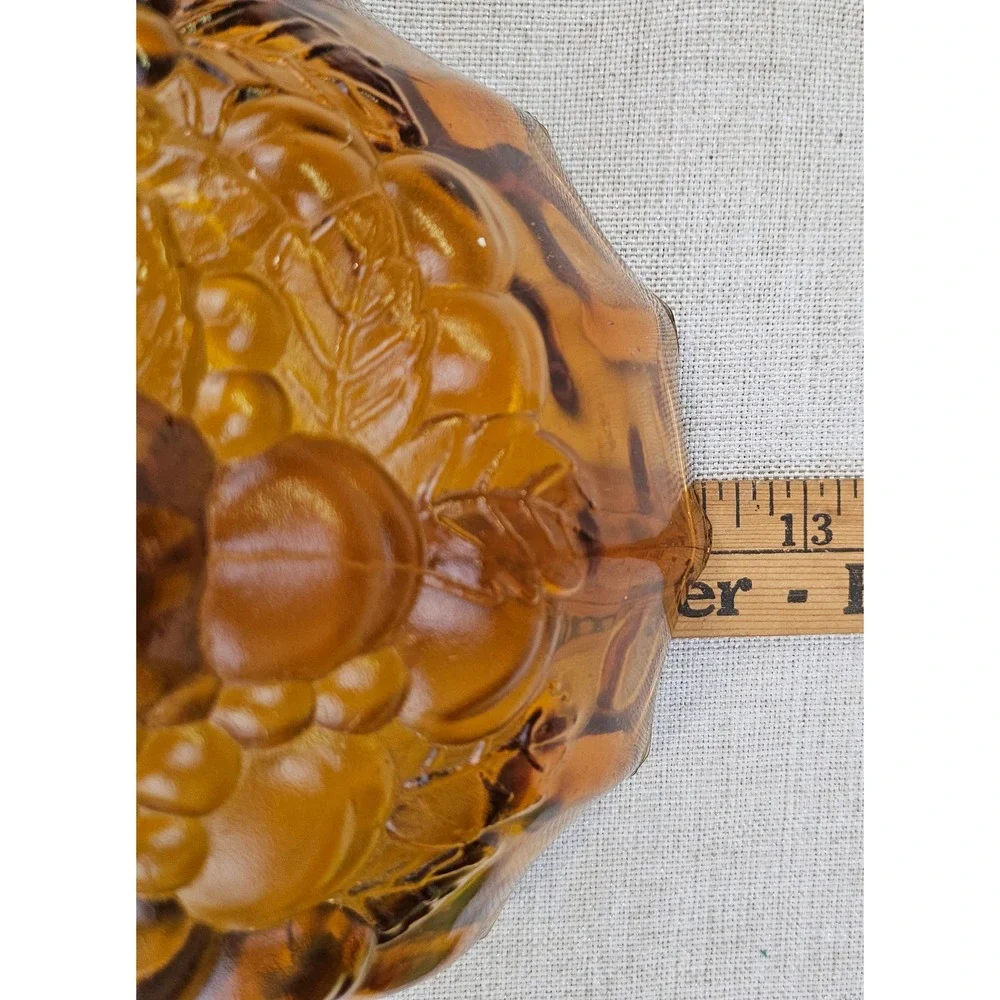 Vintage Amber Indian Glass Fruit Bowl Footed Oval Scalloped Rim Embossed Fruit